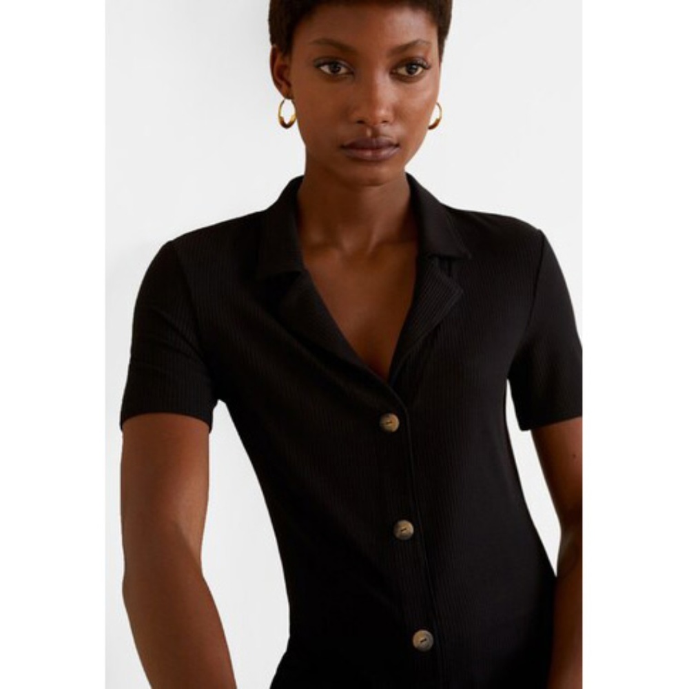 Mango Vestrib button ribbed collar black dress